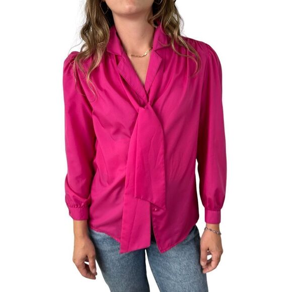 Vintage 90s Women’s Steven Barry Button Down Blouse Hot Pink Neck Tie Size Small - Picture 1 of 5